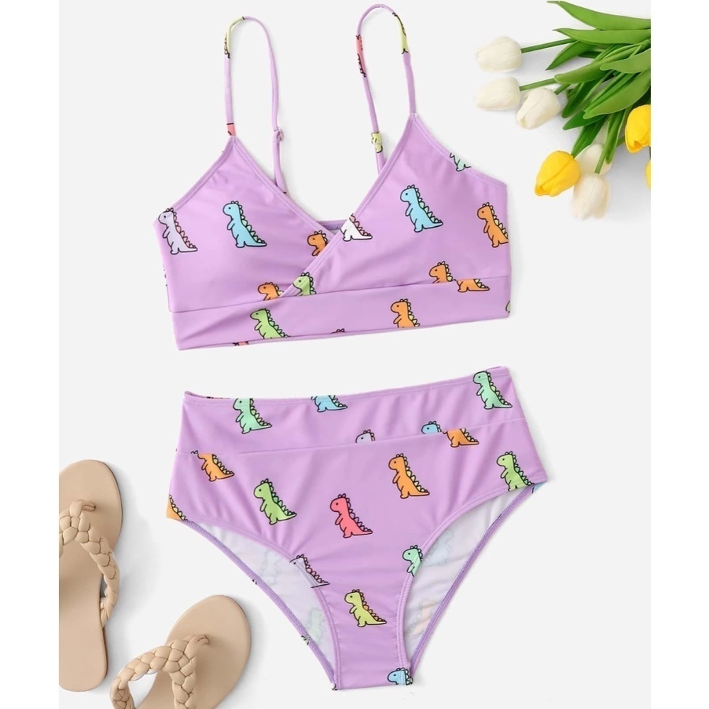 NEW ROMWE  Cartoon Dino Print High Waist Bikini - S & M